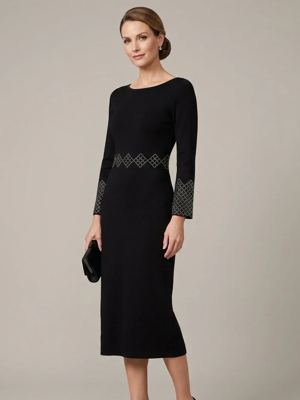 St. John Evening Black Santana Knit Dress Crystal Studded Cuff Waist Long Sleeve